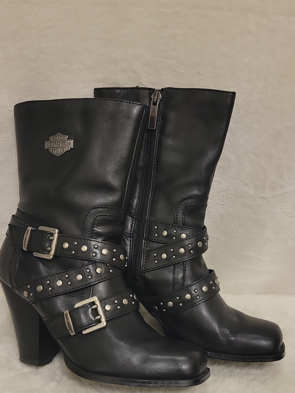 Harley-Davidson Women's Black Studded Buckle Leather Mid-Calf Boots Sz 7